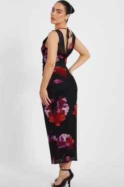 Quiz Petite Black Mesh Floral Midaxi Dress New