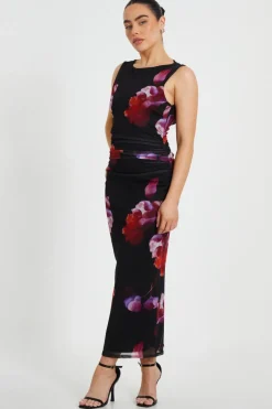 Quiz Petite Black Mesh Floral Midaxi Dress New