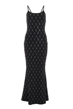 Quiz Petite Black Rhinestone Square Neck Maxi Dress