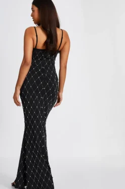 Quiz Petite Black Rhinestone Square Neck Maxi Dress