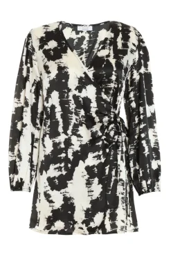 Quiz Petite Black Satin Marble Print Wrap Dress Outlet