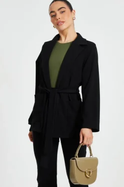 Quiz Petite Tie Waist Blazer Black Sale