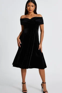 Quiz Petite Black Velvet Bardot Midi Dress Hot