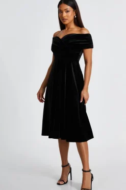 Quiz Petite Black Velvet Bardot Midi Dress Hot