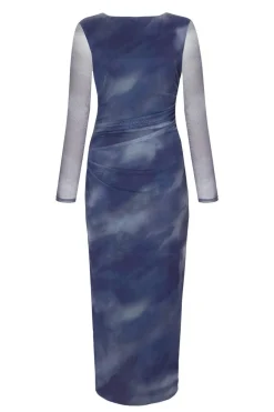 Quiz Petite Blue Printed Long Sleeve Midaxi Dress