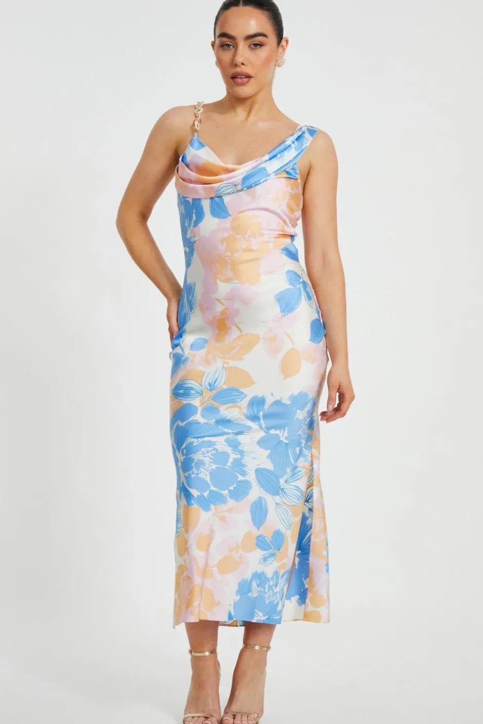 Quiz Petite Blue Satin Floral Midaxi Dress Clearance