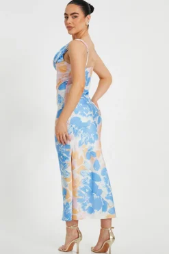 Quiz Petite Blue Satin Floral Midaxi Dress Clearance