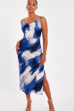 Quiz Petite Blue Satin Marble Midaxi Dress New