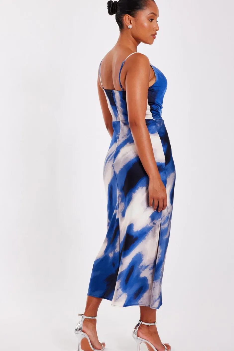 Quiz Petite Blue Satin Marble Midaxi Dress New