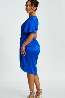 Quiz Petite Blue Satin Ruched Wrap Midi Dress Online