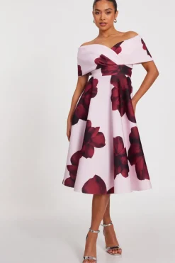 Quiz Petite Blush Bardot Floral Skater Dress Clearance