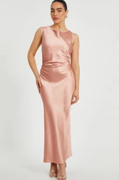 Quiz Petite Blush Satin Ruched Midaxi Dress New