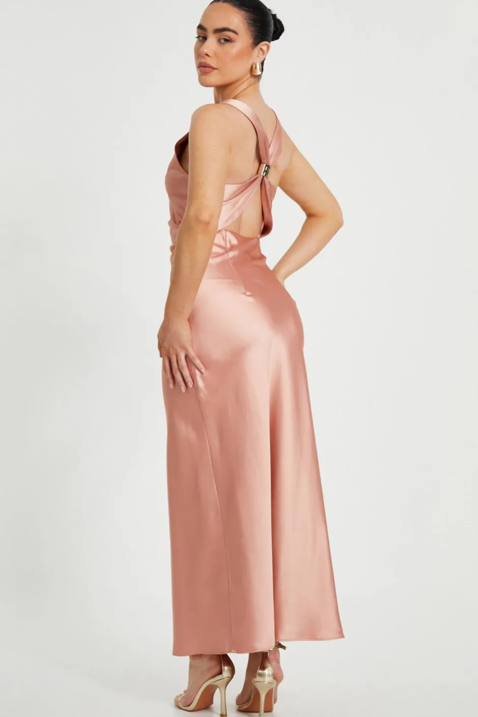 Quiz Petite Blush Satin Ruched Midaxi Dress New