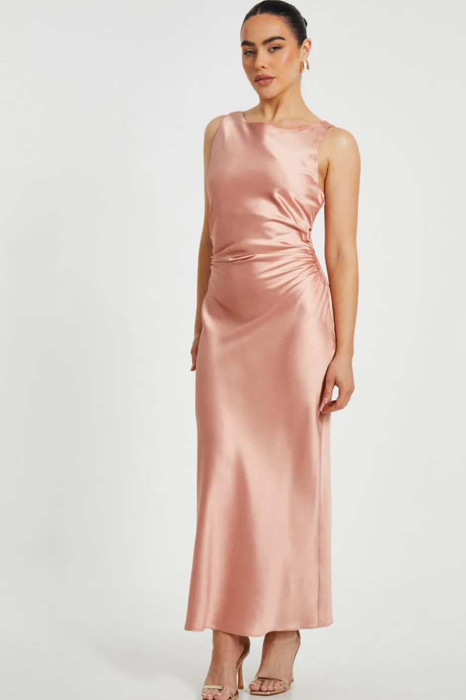 Quiz Petite Blush Satin Ruched Midaxi Dress New