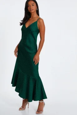 Quiz Petite Bottle Green Satin Asymmetric Midaxi Dress Hot