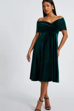 Quiz Petite Bottle Green Velvet Bardot Midi Dress Discount