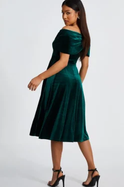 Quiz Petite Bottle Green Velvet Bardot Midi Dress Discount