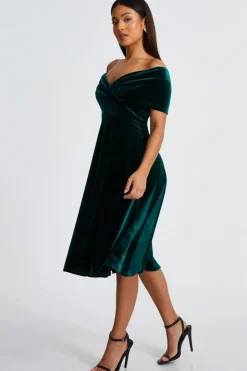 Quiz Petite Bottle Green Velvet Bardot Midi Dress Discount