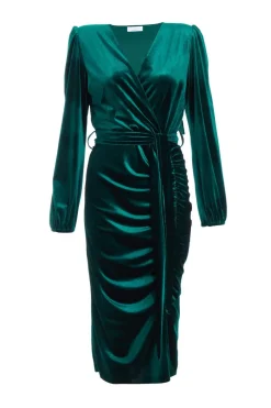 Quiz Petite Bottle Green Velvet Midi Dress Clearance