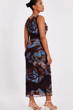 Quiz Petite Brown Floral Mesh Midaxi Dress Online