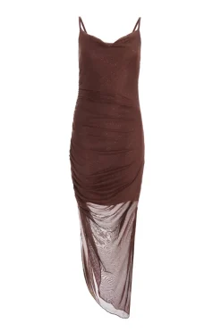 Quiz Petite Brown Glitter Mesh Midaxi Dress New