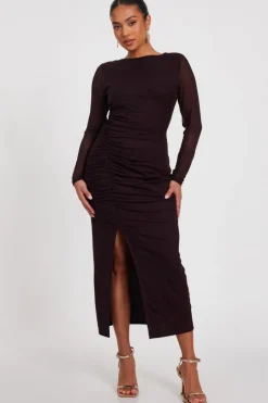 Quiz Petite Brown Mesh Long Sleeve Midaxi Dress Sale