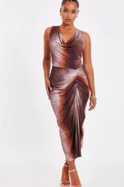 Quiz Petite Brown Ruched Side Midi Dress Discount