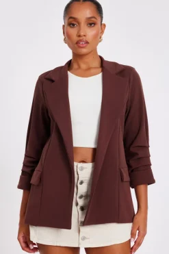 Quiz Petite Ruched Sleeve Blazer Brown Sale