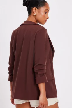 Quiz Petite Ruched Sleeve Blazer Brown Sale