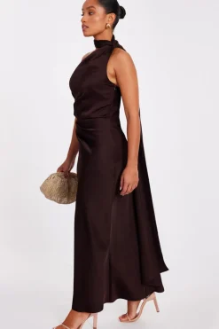 Quiz Petite Brown Satin Wrap Neck Maxi Dress Clearance