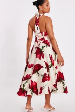 Quiz Petite Cream Satin Rose Print Midi Dress Best