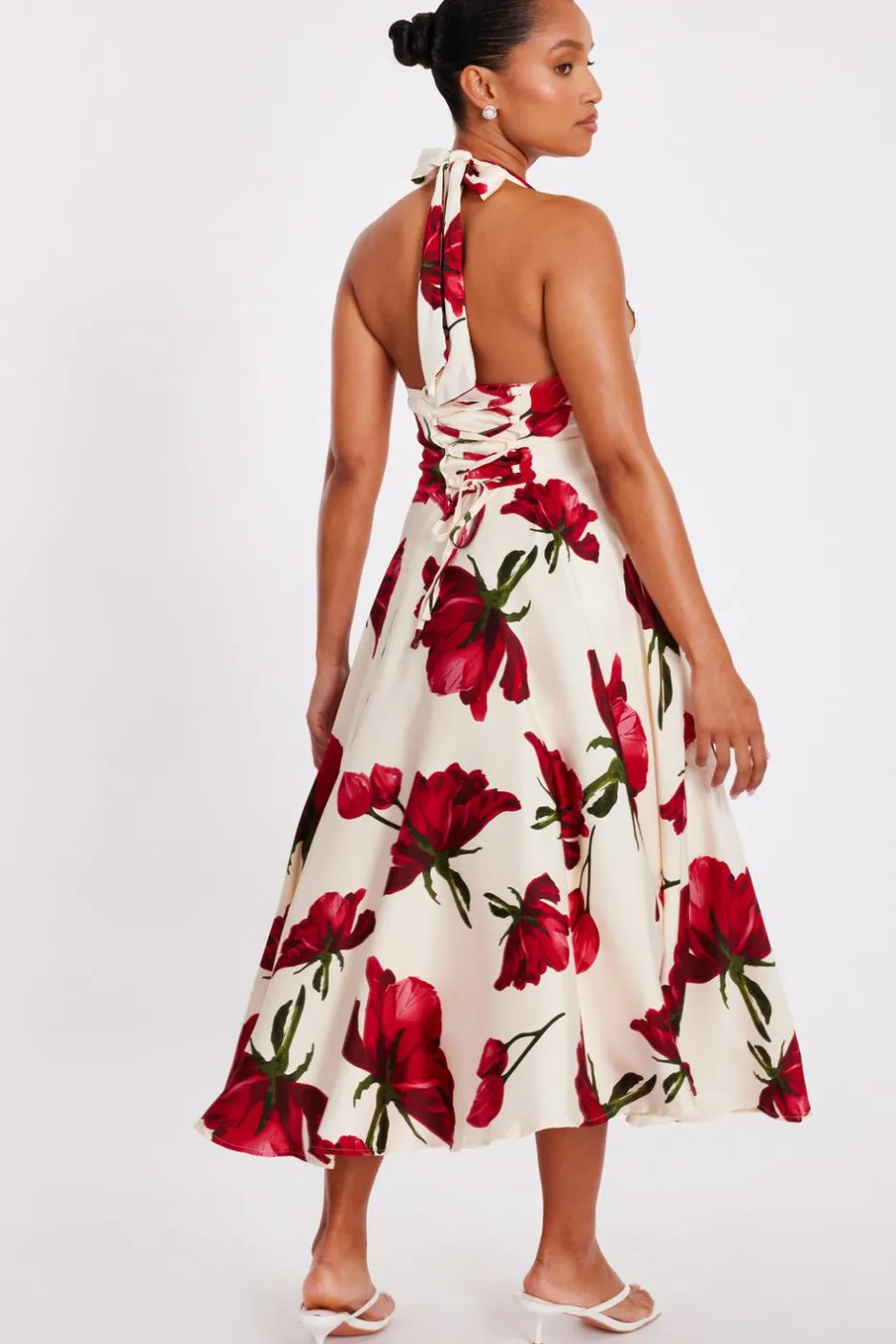 Quiz Petite Cream Satin Rose Print Midi Dress Best