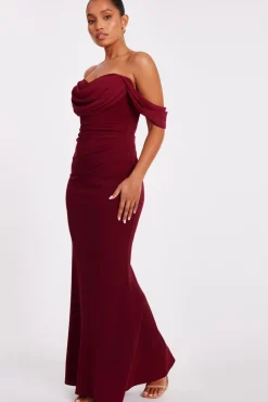 Quiz Petite Dark Red Chiffon Bardot Maxi Dress Wine Online