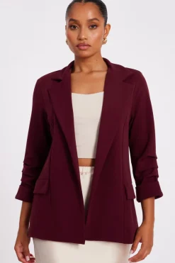 Quiz Petite Dark Red Ruched Sleeve Blazer Burgundy