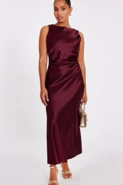 Quiz Petite Dark Red Satin Ruched Midaxi Dress Berry New