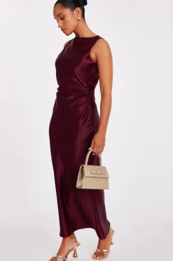 Quiz Petite Dark Red Satin Ruched Midaxi Dress Berry New