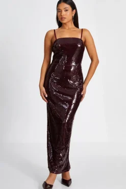 Quiz Petite Dark Red Sequin Midaxi Dress Outlet