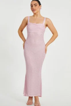 Quiz Petite Diamante Maxi Dress Dusty Pink Hot