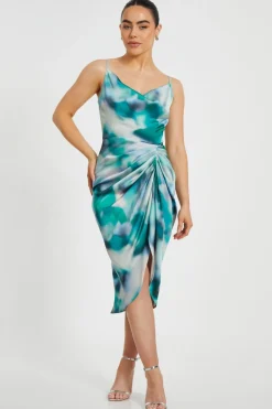 Quiz Petite Green Satin Marble Print Midi Dress Online