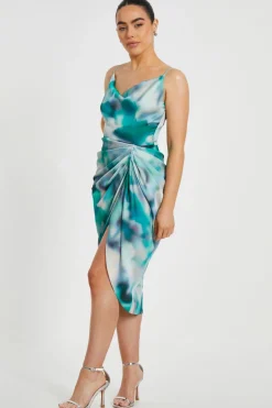 Quiz Petite Green Satin Marble Print Midi Dress Online