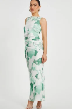 Quiz Petite Green Satin Marble Midaxi Dress Online
