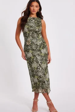 Quiz Petite Khaki Mesh Animal Print Midaxi Dress Hot