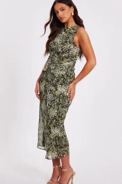 Quiz Petite Khaki Mesh Animal Print Midaxi Dress Hot