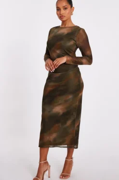 Quiz Petite Khaki Printed Long Sleeve Midaxi Dress Outlet