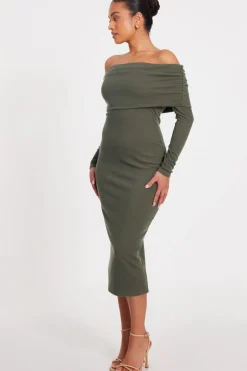 Quiz Petite Khaki Ribbed Bardot Midi Dress