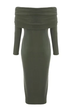 Quiz Petite Khaki Ribbed Bardot Midi Dress
