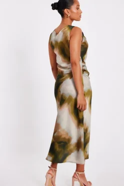 Quiz Petite Khaki Satin Printed Midaxi Dress