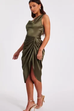 Quiz Petite Khaki Satin Ruched Midi Dress