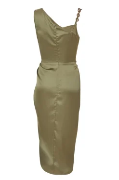Quiz Petite Khaki Satin Ruched Midi Dress