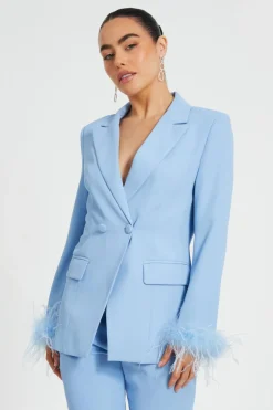 Quiz Petite Feather Trim Blazer Light Blue Discount
